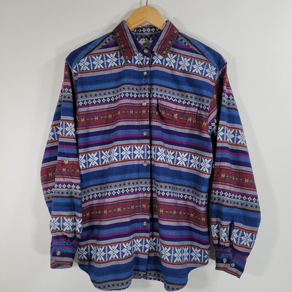 CABIN CREEK Southwestern Print Button Down Size L Roll Tab Sleeves Cotton